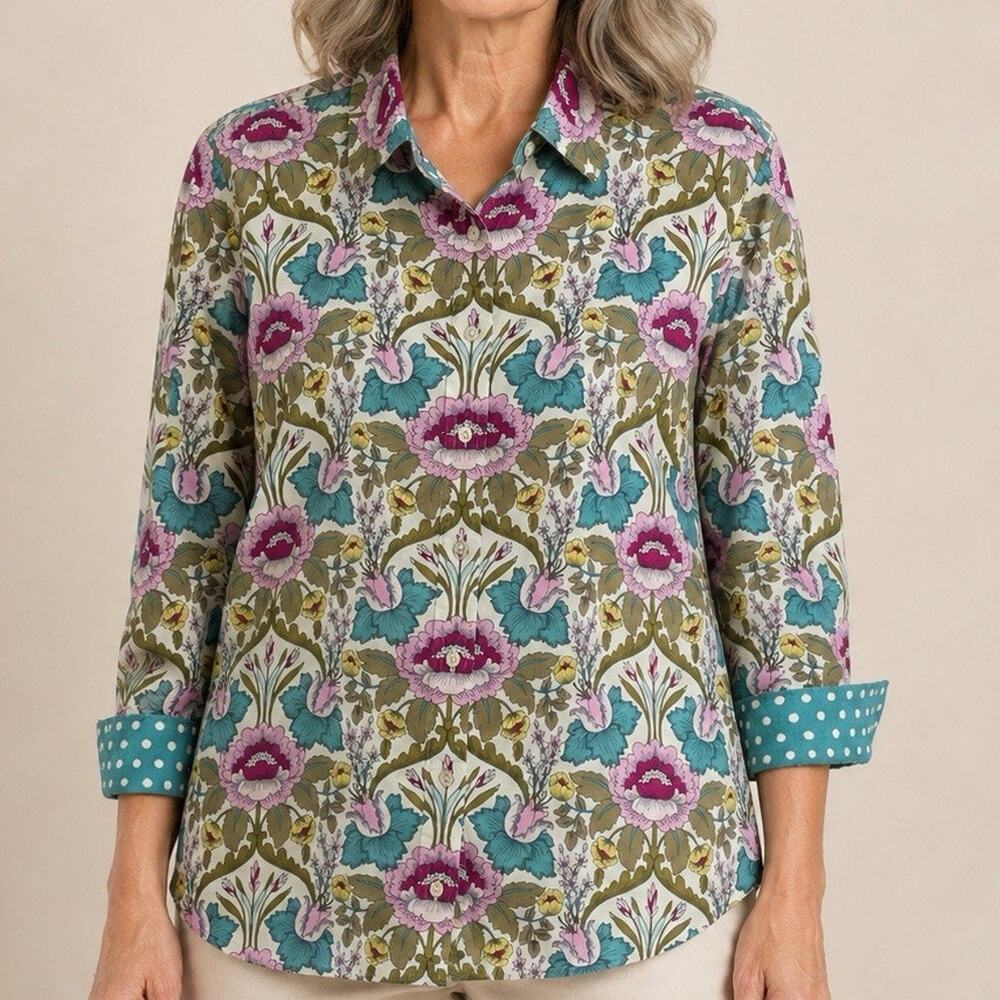 Talbots Button Up Shirt Medium Teal Floral Flip Cuff Long Sleeve 100% Cotton
